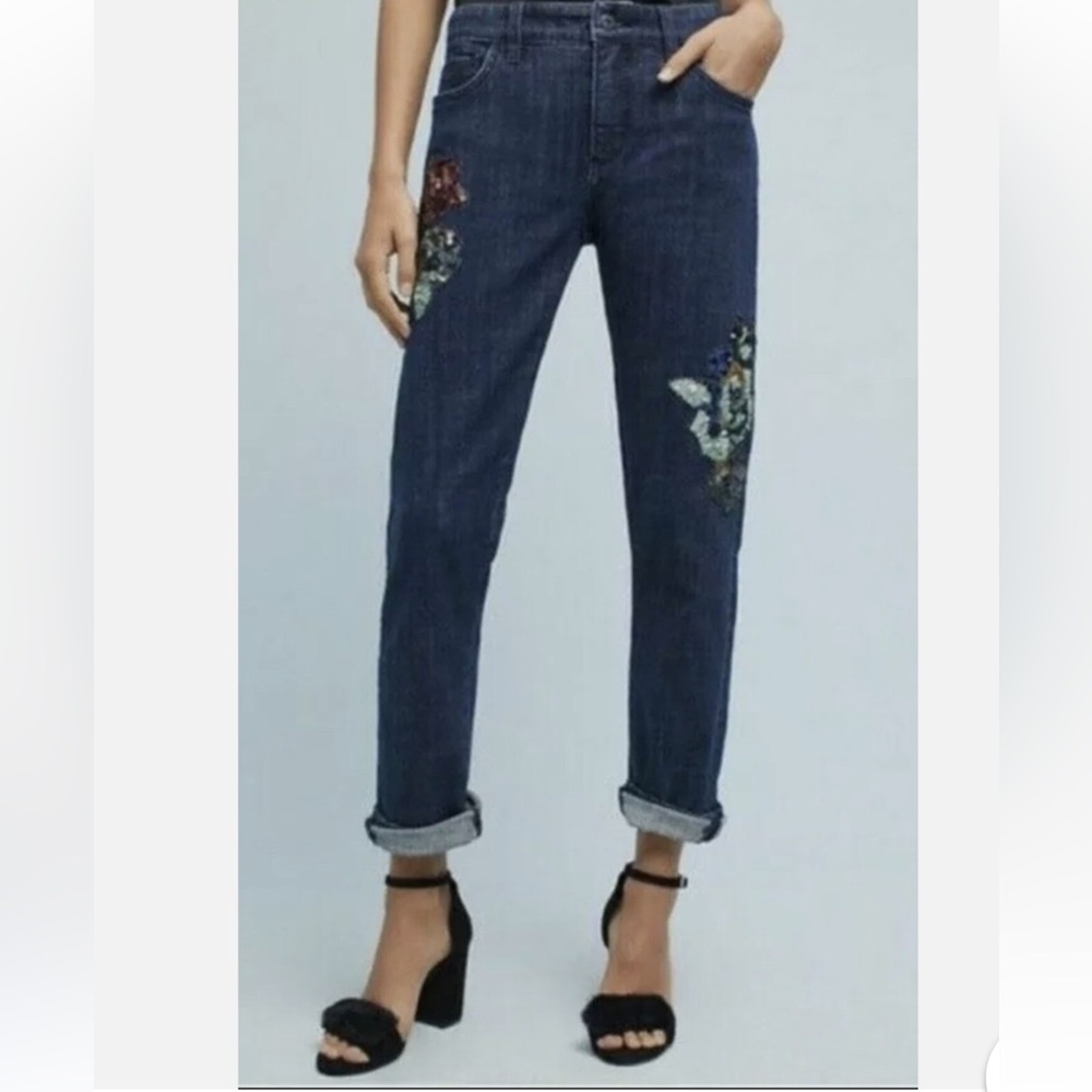 Pilcro Dark Blue Embroidered Cropped Jeans